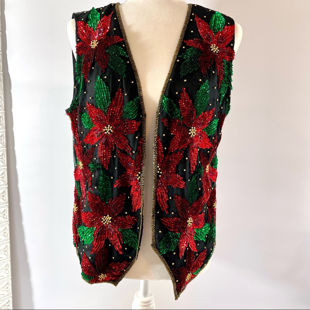 Scala 100% silk vest beautiful flower beading design women’s size L